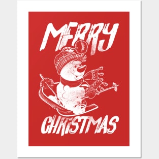 Skiing Snowman - Merry Christmas - White Posters and Art